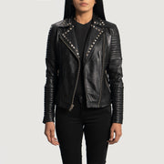 Women's Sally Mae Studded Czarna Skórzana Ramoneska Damska - Lateral Side Profile View Showing Sleeve Cut &amp; Athletic Taper Fit