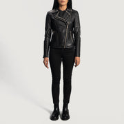 Close-Up Detail of Notch &amp; Zipper Hardware on Women's Sally Mae Studded Czarna Skórzana Ramoneska Damska