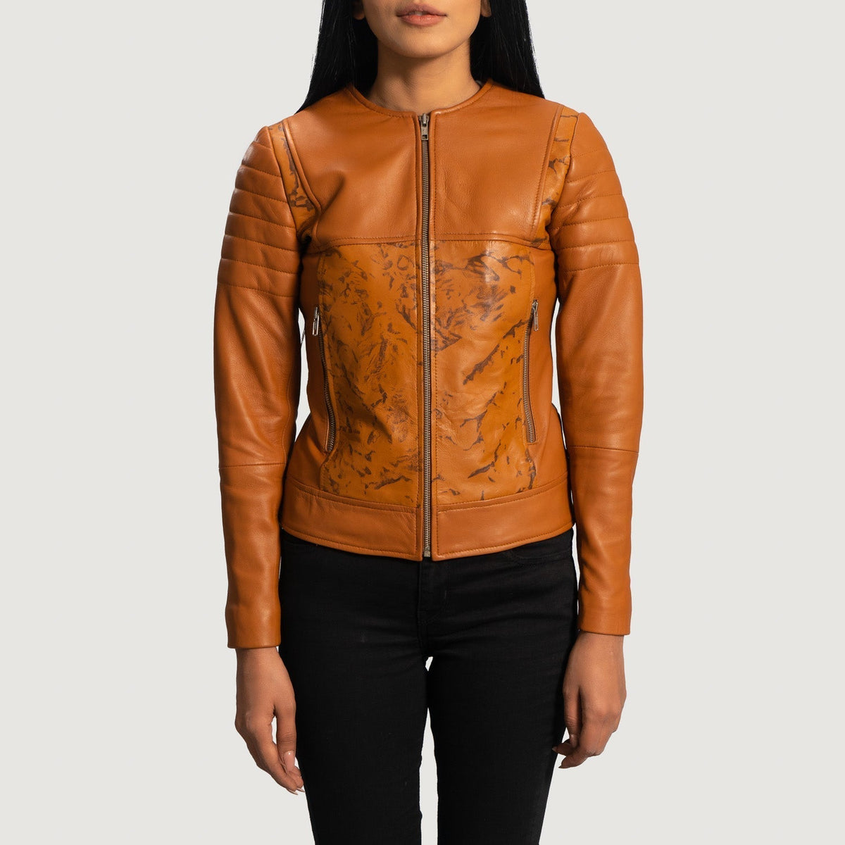
Sandy Jasnobrązowy Dye Skórzana Ramoneska Damska in Tan Brown Sheepskin Dip &Amp; Dye - Widok z przodu i dopasowana sylwetka | Kup online w oficjalnym sklepie