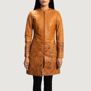 Women's Sandy Jasnobrązowa Dye Skórzany Płaszcz Damska in Tan Brown Sheepskin Dip &amp;Amp; Dye - Front Profile View &amp; Tailored Silhouette | Buy Online