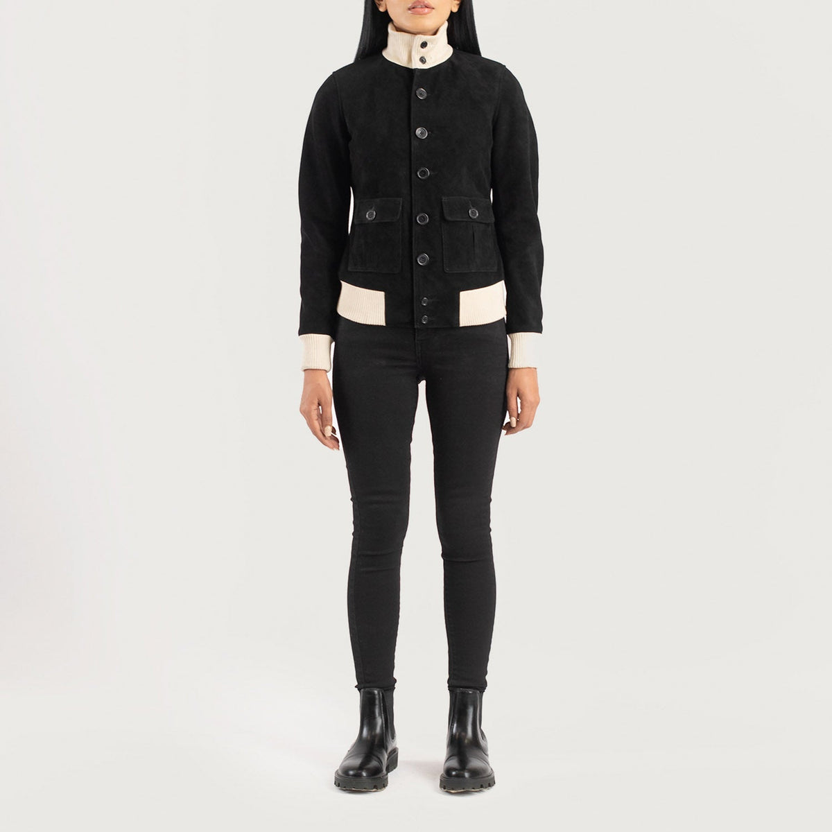 
Sasha A1 Black Suede Bomber Jacket - Widok z boku z ergonomicznym krojem rękawa