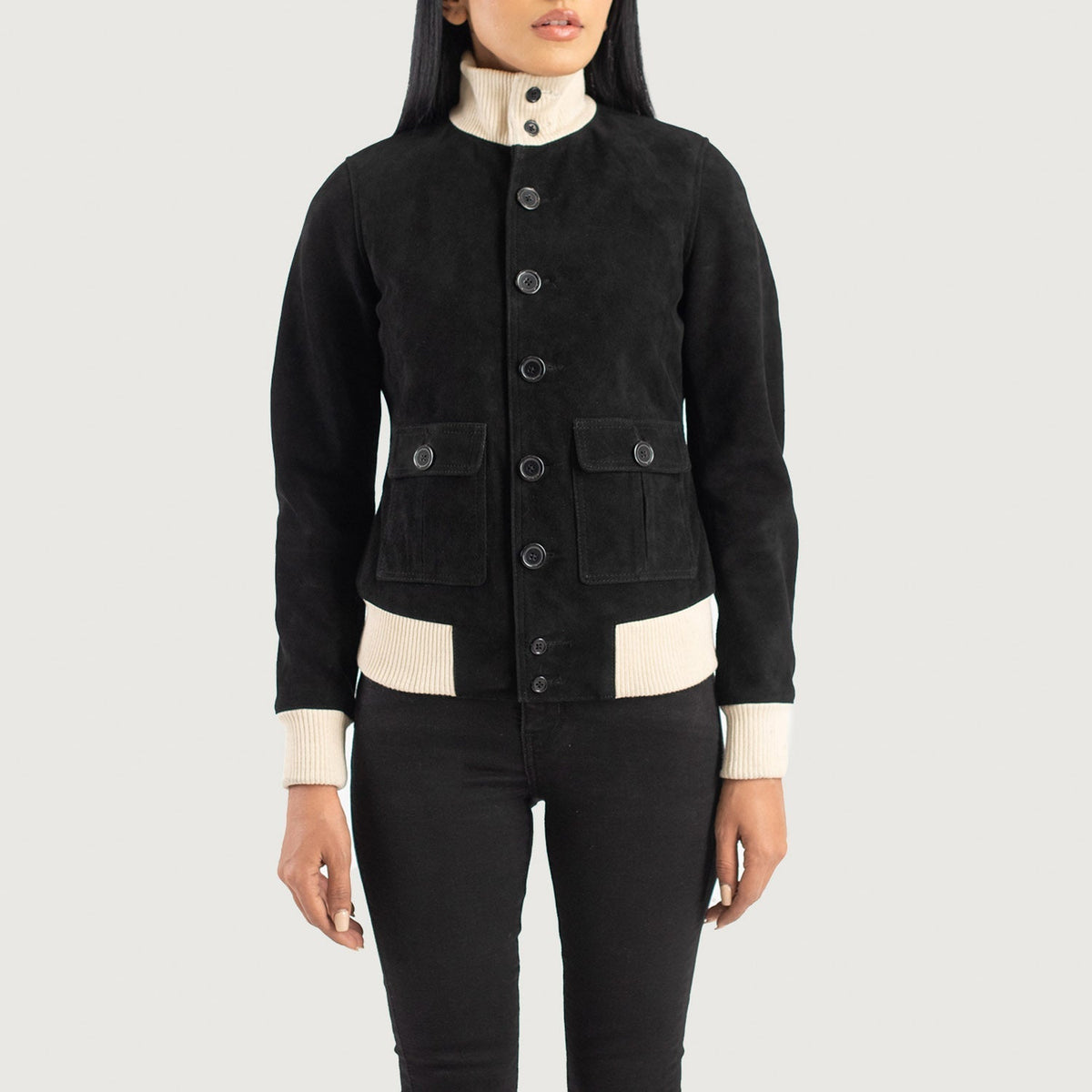 
Szczegółowe zbliżenie of Knit Rib & Buttons Hardware on Sasha A1 Black Suede Bomber Jacket
