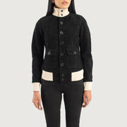 
Szczegółowe zbliżenie of Knit Rib & Buttons Hardware on Sasha A1 Black Suede Bomber Jacket