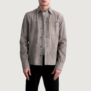 Scout Grey Suede Leather Shirt Męska in Grey Goatskin Suede - Front Profile View &amp; Tailored Silhouette | Buy Online