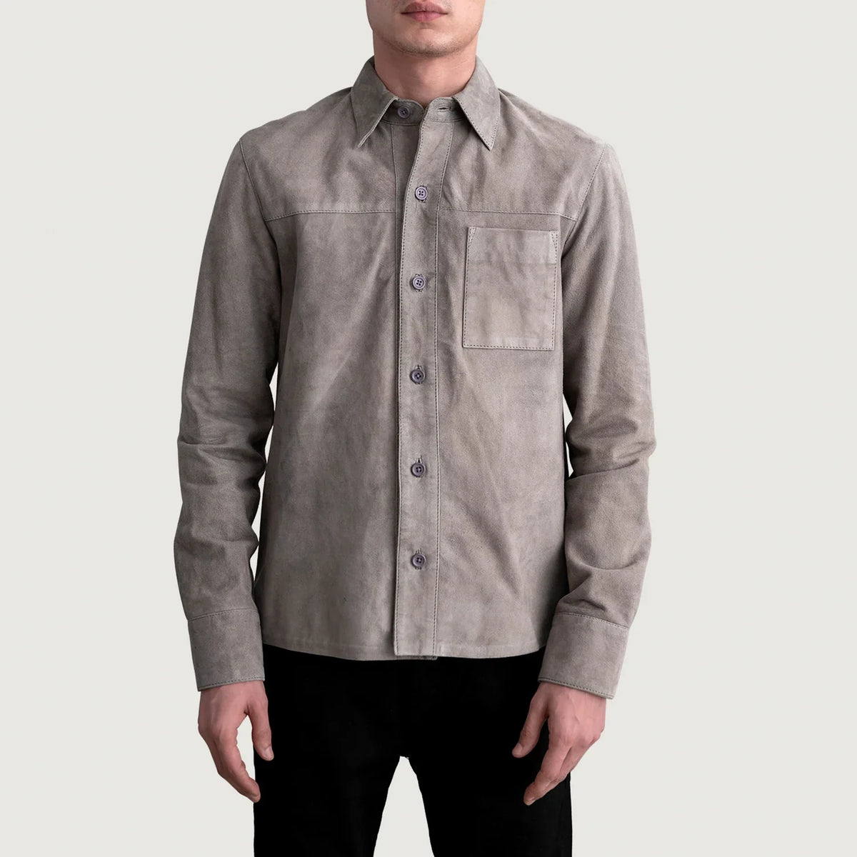 Scout Grey Suede Leather Shirt Męska - Lateral Side Profile View Showing Sleeve Cut &amp; Athletic Taper Fit