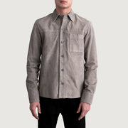 Scout Grey Suede Leather Shirt Męska - Lateral Side Profile View Showing Sleeve Cut &amp; Athletic Taper Fit