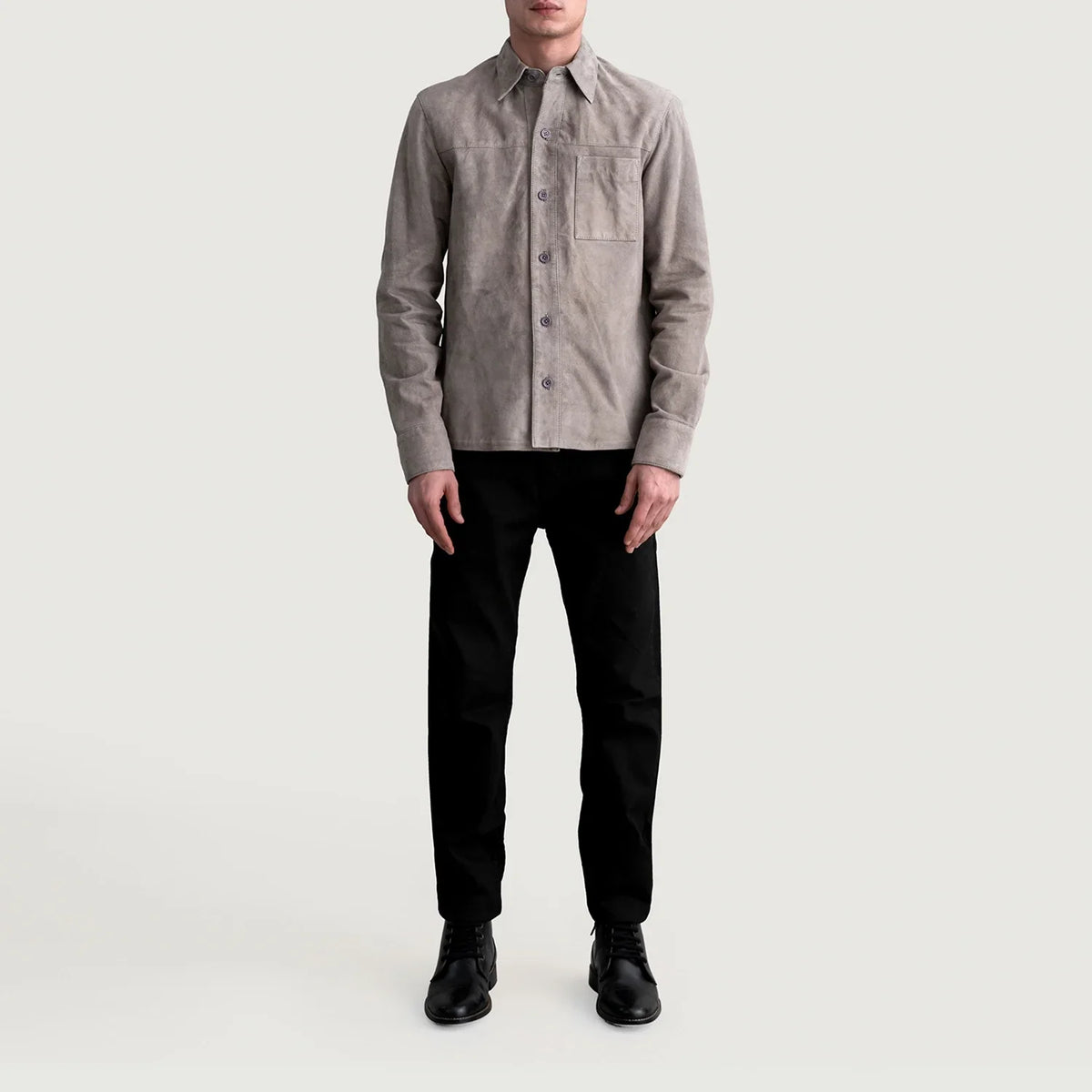 Close-Up Detail of Shirt &amp; Buttons Hardware on Scout Grey Suede Leather Shirt Męska