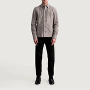 Close-Up Detail of Shirt &amp; Buttons Hardware on Scout Grey Suede Leather Shirt Męska