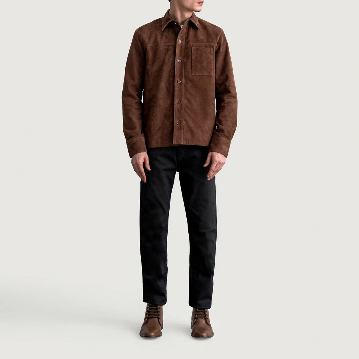 Close-Up Detail of Shirt &amp; Buttons Hardware on Scout Mocha Suede Leather Shirt Męska