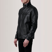 Sean Czarna Leather Classic Kurtka Skórzana Męska For Men - Lateral Side Profile View Showing Sleeve Cut &amp; Athletic Taper Fit