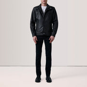 Distressed Black Sheepskin Snuffed Biker Jacket - Back View Showing Tailored Shoulder Fit &amp; Clean Hemline