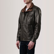 Sean Brązowa Leather Classic Kurtka Skórzana Męska For Men - Lateral Side Profile View Showing Sleeve Cut &amp; Athletic Taper Fit