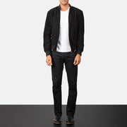 Men's Shane Czarna Suede Skórzana Kurtka Bomberka Męska - Lateral Side Profile View Showing Sleeve Cut &amp; Athletic Taper Fit