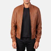 Men's Shane Brązowa Skórzana Kurtka Bomberka Męska in Brown Sheepskin Leather - Front Profile View &amp; Tailored Silhouette | Buy Online