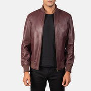 Men's Shane Maroon Skórzana Kurtka Bomberka Męska in Maroon Sheepskin Leather - Front Profile View &amp; Tailored Silhouette | Buy Online