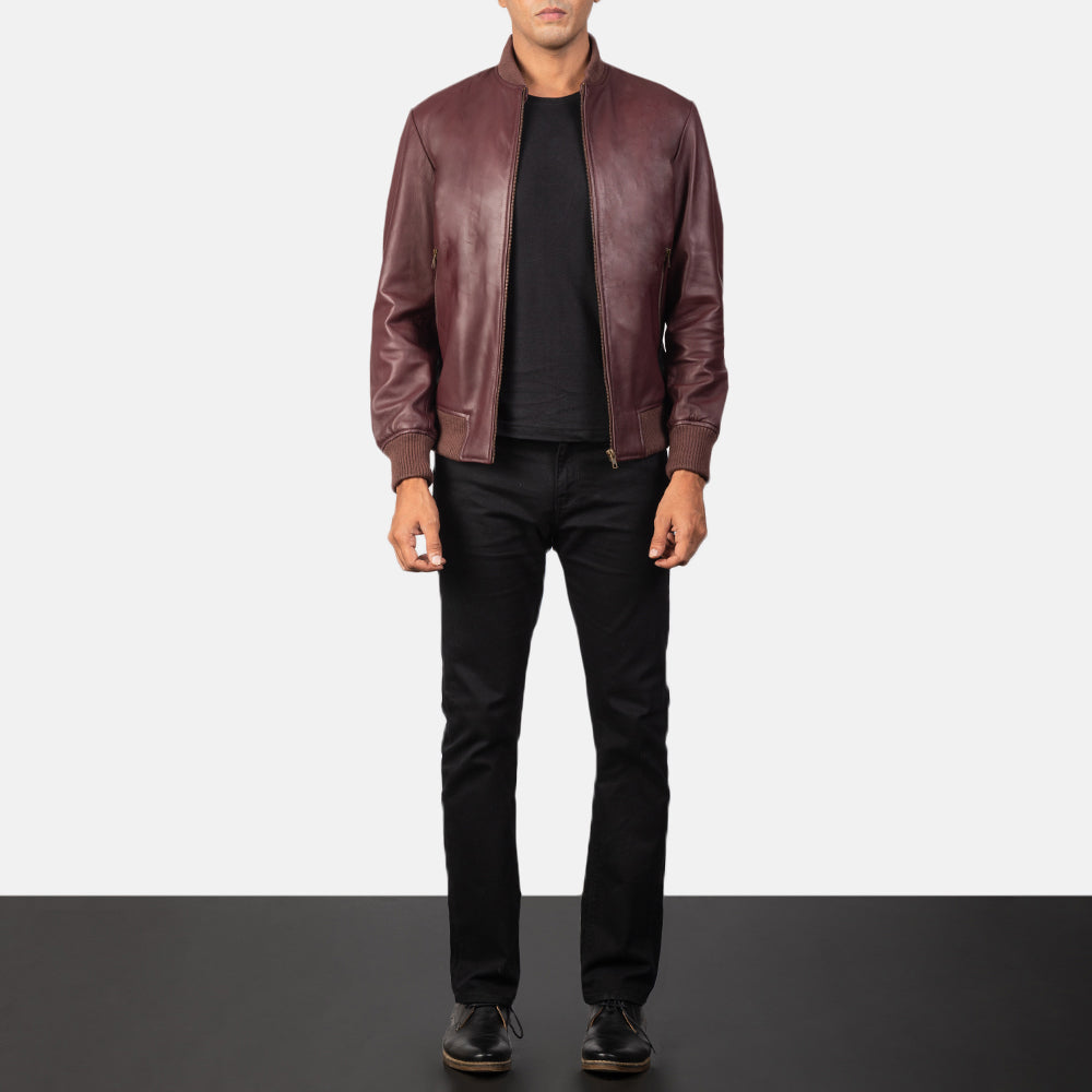 Men's Shane Maroon Skórzana Kurtka Bomberka Męska - Lateral Side Profile View Showing Sleeve Cut &amp; Athletic Taper Fit