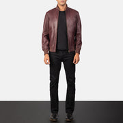 Men's Shane Maroon Skórzana Kurtka Bomberka Męska - Lateral Side Profile View Showing Sleeve Cut &amp; Athletic Taper Fit