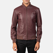 Close-Up Detail of Varsity &amp; Zipper Hardware on Men's Shane Maroon Skórzana Kurtka Bomberka Męska