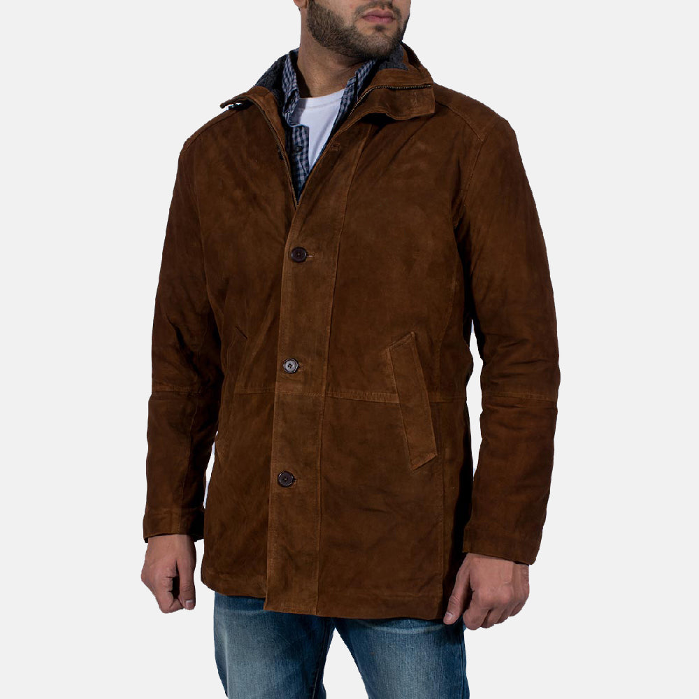 Men's Sheriff Brązowa Kurtka Zamszowa Męska - Lateral Side Profile View Showing Sleeve Cut &amp; Athletic Taper Fit