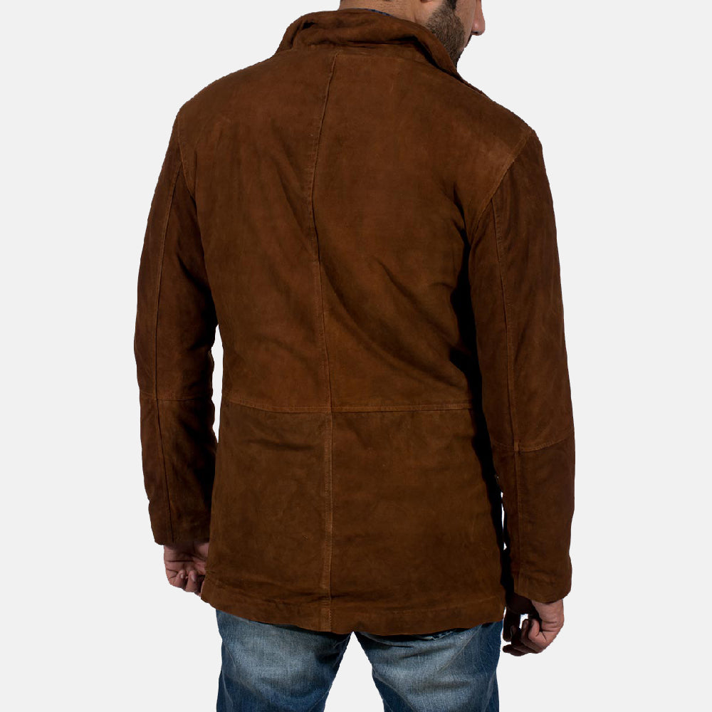Close-Up Detail of High neck &amp; Zipper with Button Flap Hardware on Men's Sheriff Brązowa Kurtka Zamszowa Męska