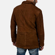 Close-Up Detail of High neck &amp; Zipper with Button Flap Hardware on Men's Sheriff Brązowa Kurtka Zamszowa Męska