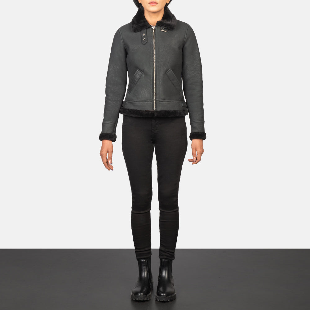 Women's Sherilyn B-3 Distressed Black Leather Bomber Jacket - Lateral Side Profile View Showing Sleeve Cut &amp; Athletic Taper Fit