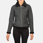 Close-Up Detail of Buckled Collar &amp; Zipper Hardware on Women's Sherilyn B-3 Distressed Black Leather Bomber Jacket