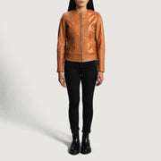 Women's Sleeky Clean Jasnobrązowa Skórzana Ramoneska Damska - Lateral Side Profile View Showing Sleeve Cut &amp; Athletic Taper Fit