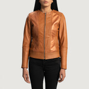 Close-Up Detail of Classic Collar &amp; Zipper Hardware on Women's Sleeky Clean Jasnobrązowa Skórzana Ramoneska Damska