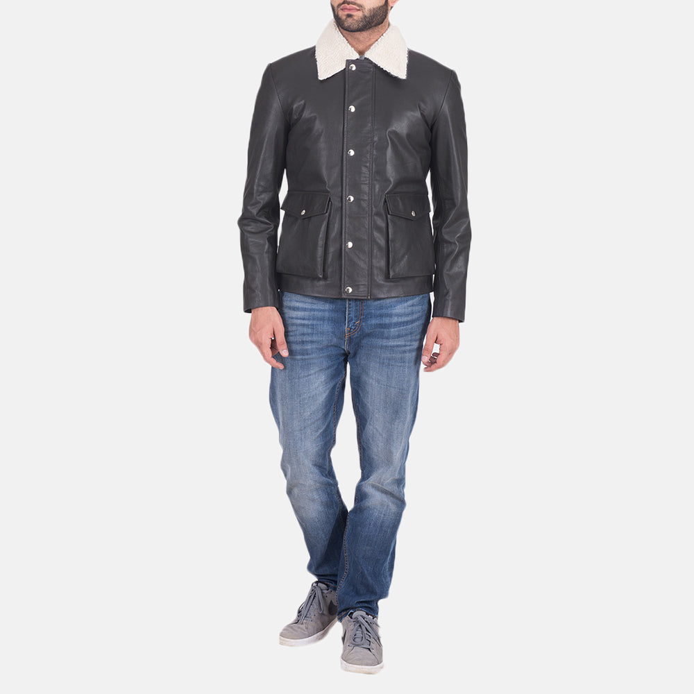 
Szczegółowe zbliżenie of Shirt style Faux Shearling Collar & Zipper + Button Flap Hardware on Snow Cole Czarny Kurtka Skórzana Męska