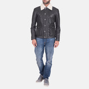 
Szczegółowe zbliżenie of Shirt style Faux Shearling Collar & Zipper + Button Flap Hardware on Snow Cole Czarny Kurtka Skórzana Męska