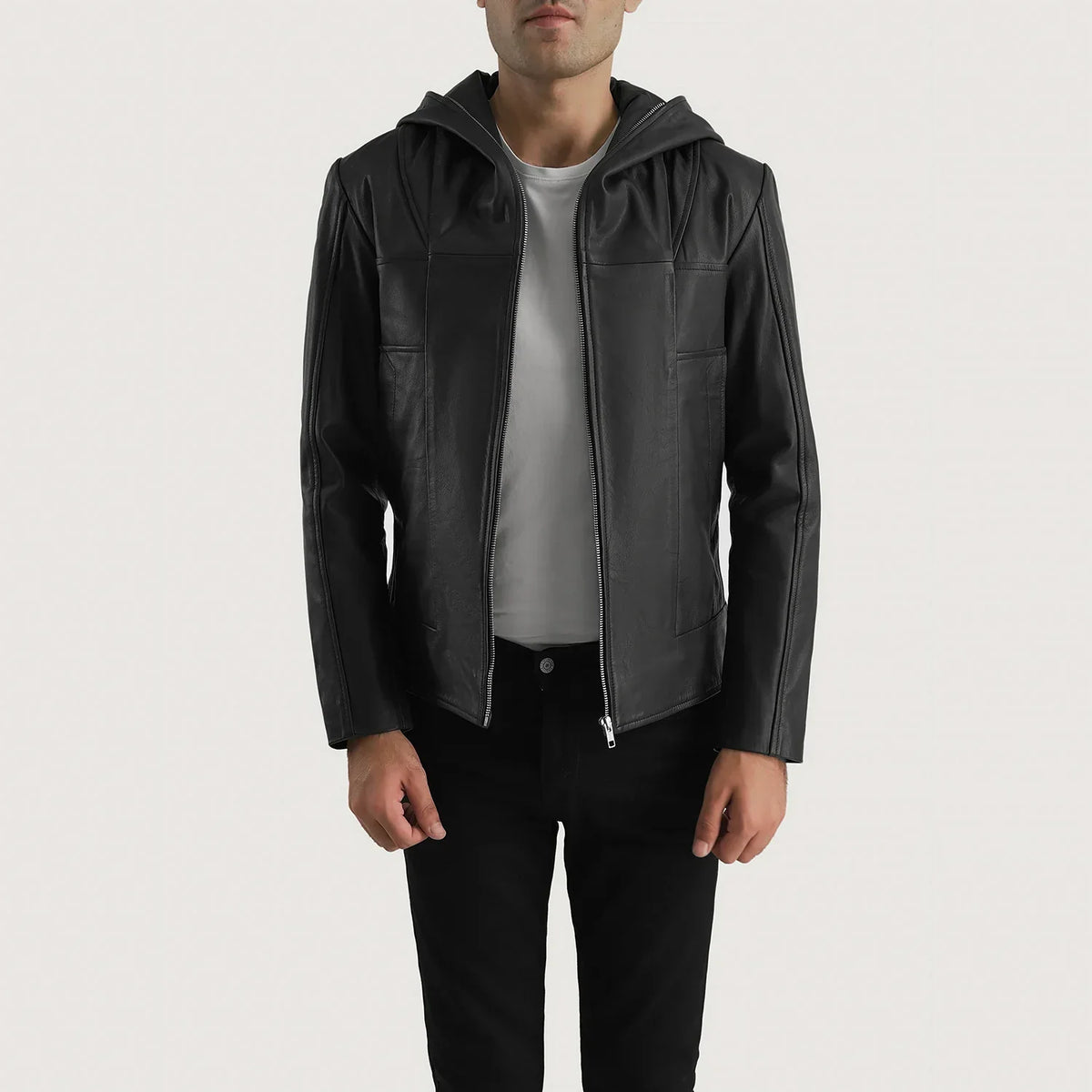 Men's Spratt Czarna Hooded Kurtka Skórzana Męska in Black Goatskin Leather - Front Profile View &amp; Tailored Silhouette | Buy Online