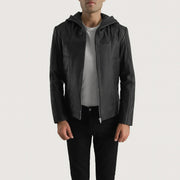 Men's Spratt Czarna Hooded Kurtka Skórzana Męska in Black Goatskin Leather - Front Profile View &amp; Tailored Silhouette | Buy Online