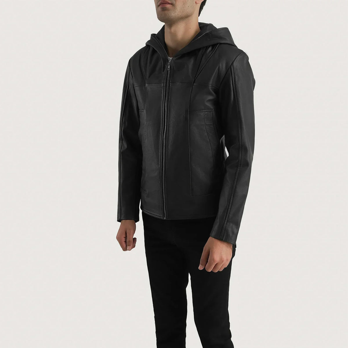 Men's Spratt Czarna Hooded Kurtka Skórzana Męska - Lateral Side Profile View Showing Sleeve Cut &amp; Athletic Taper Fit