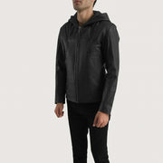 Men's Spratt Czarna Hooded Kurtka Skórzana Męska - Lateral Side Profile View Showing Sleeve Cut &amp; Athletic Taper Fit