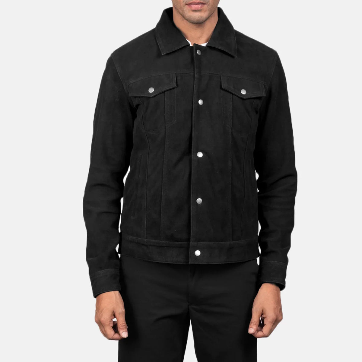 Close-Up Detail of Shirt &amp; Snap Button Hardware on Men's Stallon Black Suede Jacket