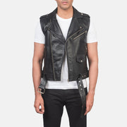 Men's Sullivan Czarna Leather Biker Vest Męska in Black Cowhide Leather - Front Profile View &amp; Tailored Silhouette | Buy Online