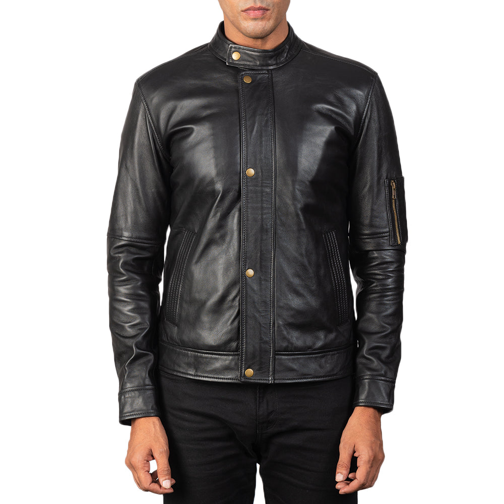 Men's Tea House Czarna Skórzana Ramoneska Męska - Lateral Side Profile View Showing Sleeve Cut &amp; Athletic Taper Fit