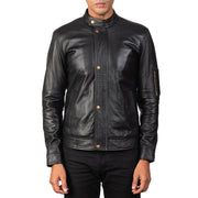 Men's Tea House Czarna Skórzana Ramoneska Męska - Lateral Side Profile View Showing Sleeve Cut &amp; Athletic Taper Fit