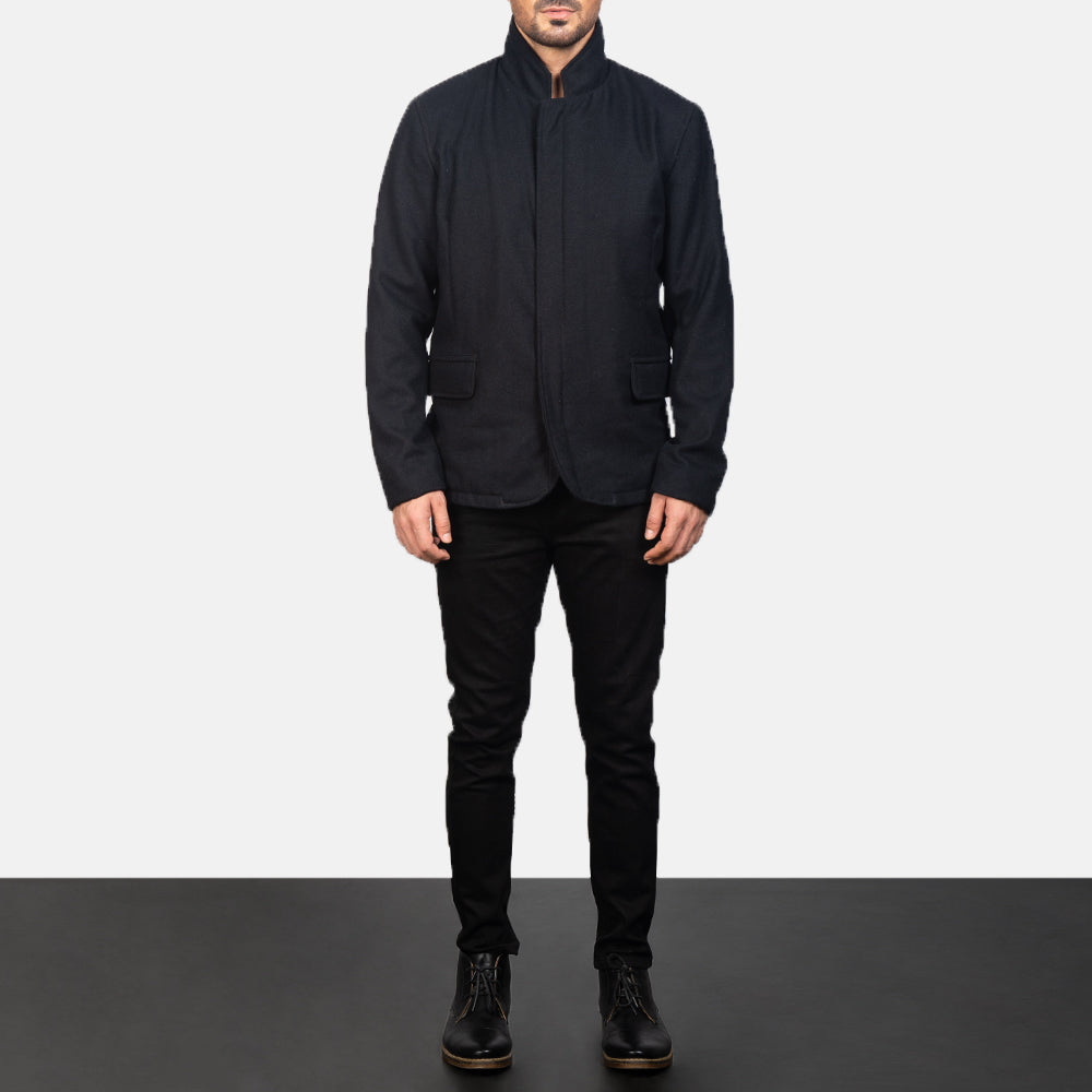Men's Thomas Czarna Wool Kurtka Skórzana Męska - Lateral Side Profile View Showing Sleeve Cut &amp; Athletic Taper Fit