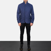 Men's Thomas Blue Wool Kurtka Skórzana Męska - Lateral Side Profile View Showing Sleeve Cut &amp; Athletic Taper Fit