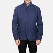 Close-Up Detail of Nehru &amp; Zipper with Dual Puller Hardware on Men's Thomas Blue Wool Kurtka Skórzana Męska