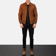 Men's Tomchi Jasnobrązowa Suede Kurtka Skórzana Męska - Lateral Side Profile View Showing Sleeve Cut &amp; Athletic Taper Fit