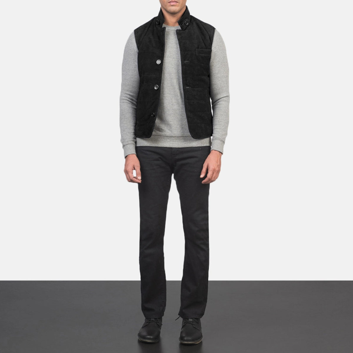 Men's Tony Czarna Suede Vest Męska - Lateral Side Profile View Showing Sleeve Cut &amp; Athletic Taper Fit
