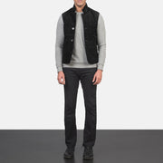 Men's Tony Czarna Suede Vest Męska - Lateral Side Profile View Showing Sleeve Cut &amp; Athletic Taper Fit