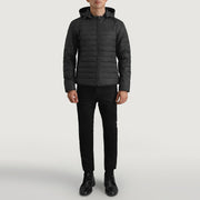 Tyler Czarna Hooded Puffer Kurtka Skórzana Męska - Lateral Side Profile View Showing Sleeve Cut &amp; Athletic Taper Fit
