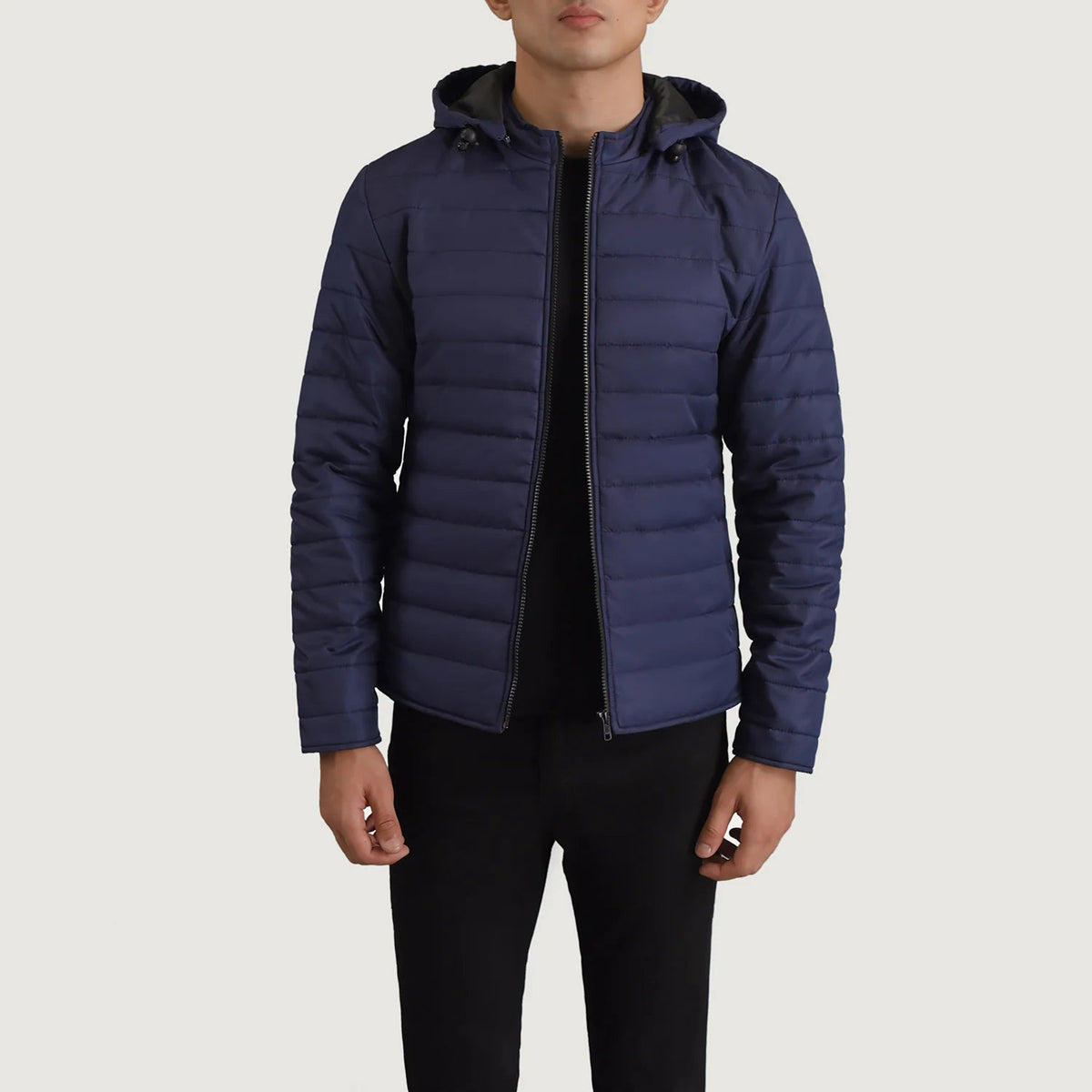Tyler Blue Hooded Puffer Kurtka Skórzana Męska in Blue Full-Grain Leather - Front Profile View &amp; Tailored Silhouette | Buy Online