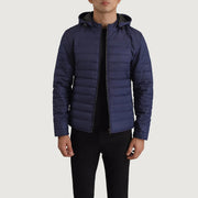 Tyler Blue Hooded Puffer Kurtka Skórzana Męska in Blue Full-Grain Leather - Front Profile View &amp; Tailored Silhouette | Buy Online