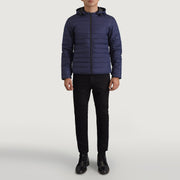 Tyler Blue Hooded Puffer Kurtka Skórzana Męska - Lateral Side Profile View Showing Sleeve Cut &amp; Athletic Taper Fit