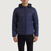 Close-Up Detail of Classic Collar &amp; Zipper Hardware on Tyler Blue Hooded Puffer Kurtka Skórzana Męska